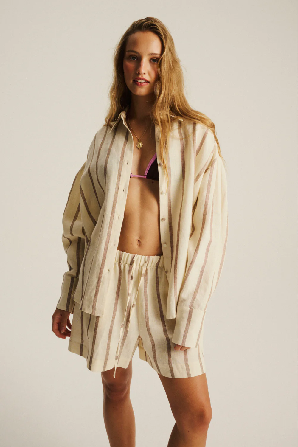Szorty Palermo Linen Ecru Cappuccino Stripe - Image 4